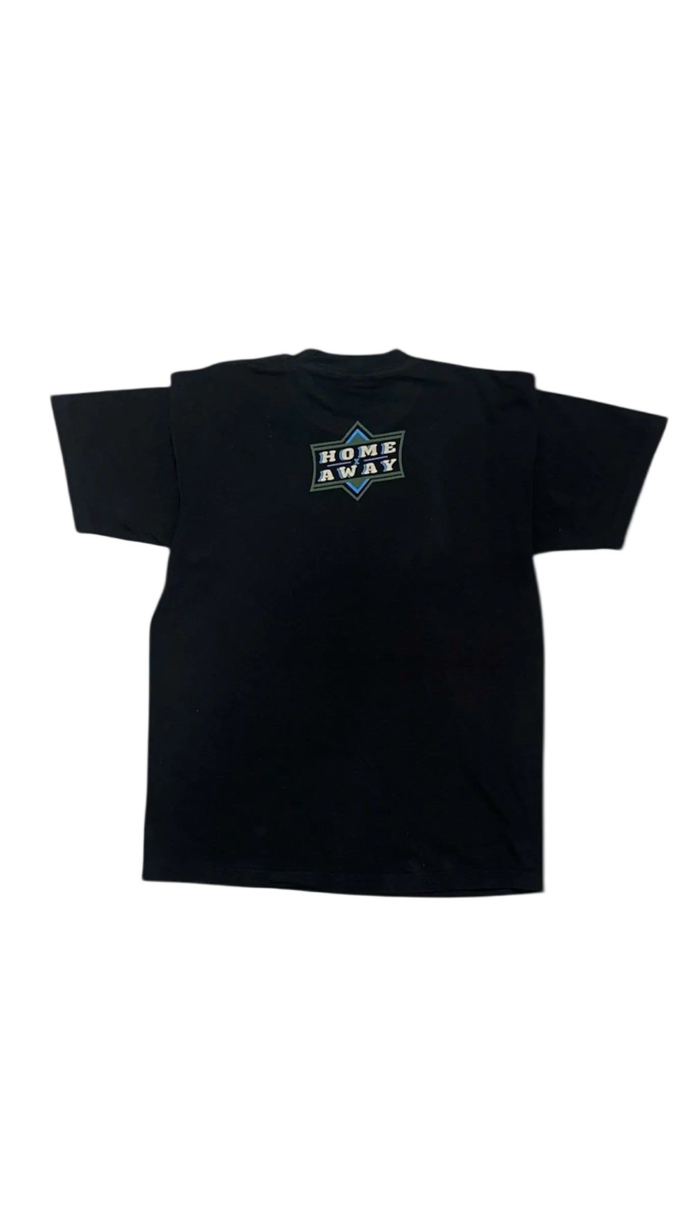 Black t-shirt with home x away logo on the ba