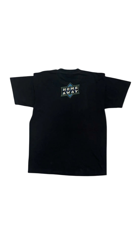 Black t-shirt with home x away logo on the ba